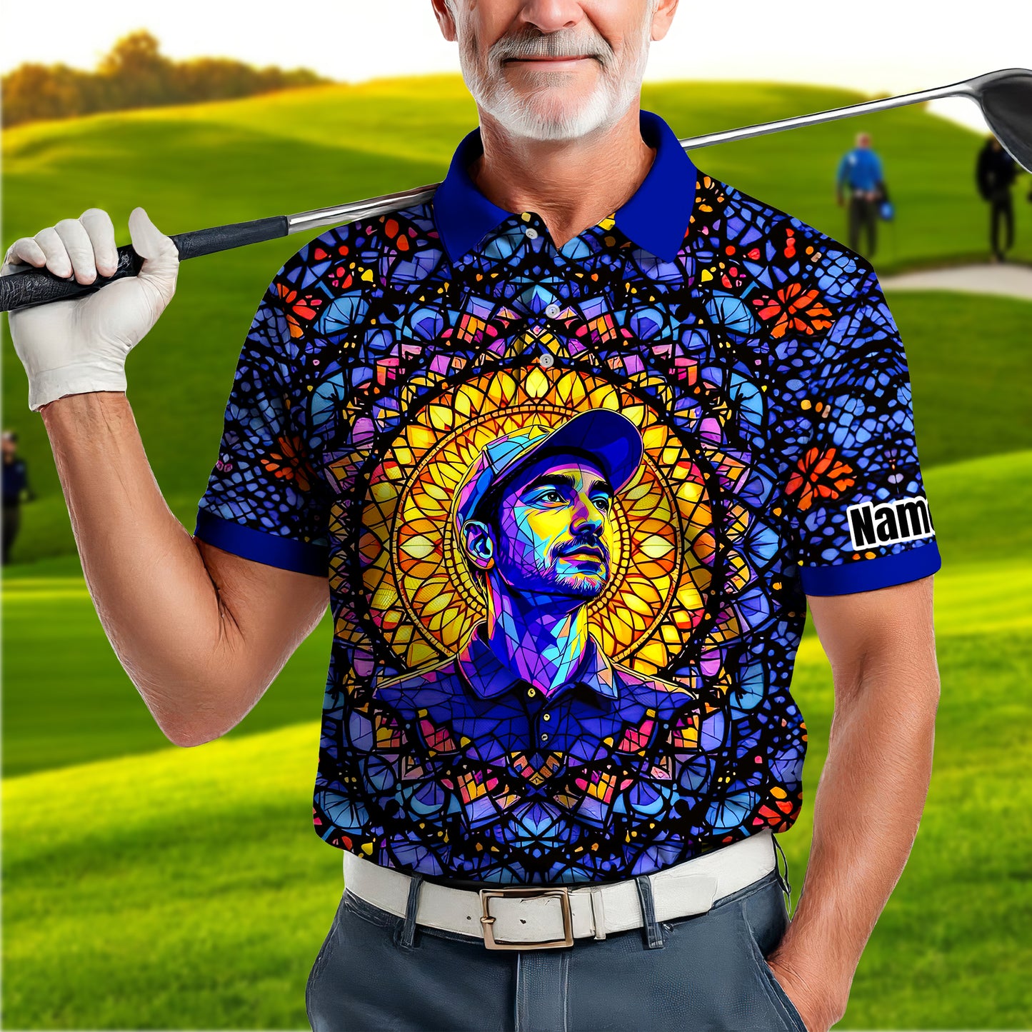 Custom Face Golf Polo Shirt – Personalized Stained Glass Mandala Style Polo, Unique Gift for Men & Women, Vibrant Artistic Golf Shirt, Custom Photo Polo