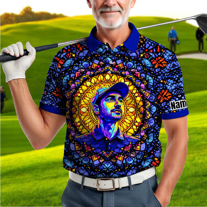 Custom Face Golf Polo Shirt – Personalized Stained Glass Mandala Style Polo, Unique Gift for Men & Women, Vibrant Artistic Golf Shirt, Custom Photo Polo