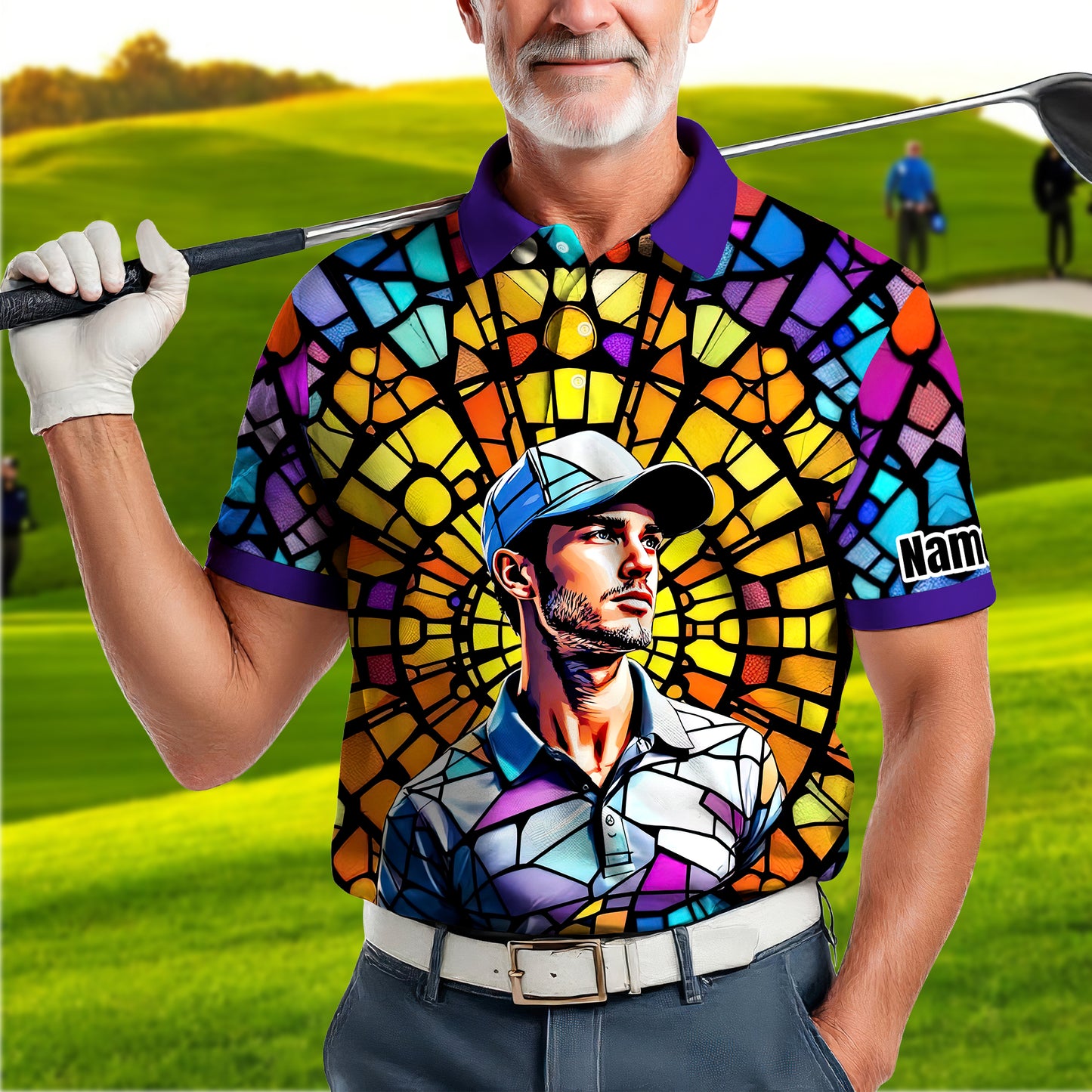 Custom Face Golf Polo Shirt – Personalized Stained Glass Art Shirt, Unique Golf Gift for Him, Colorful Abstract Golf Polo, Custom Sportswear