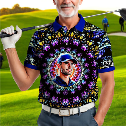 Custom Face Golf Polo Shirt – Personalized Stained Glass Mandala Style Polo, Unique Gift for Men & Women, Vibrant Artistic Golf Shirt, Custom Photo Polo