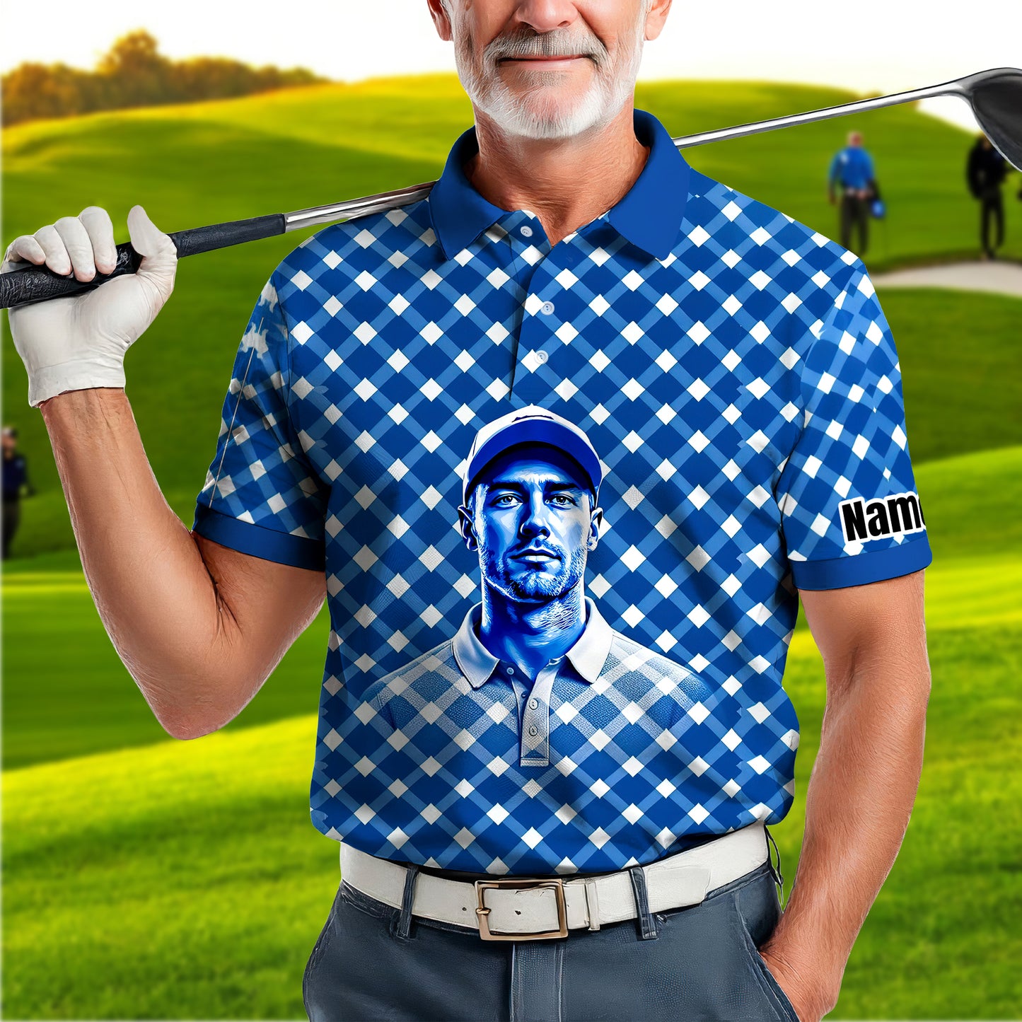 Custom Face Polo Shirt – Geometric Diamond Pattern | Personalized Photo Golf Polo | Unique Gift for Him, Retro Geometric Style Shirt Style 14