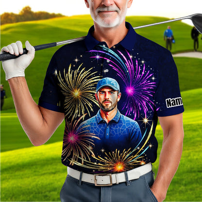 Custom Face Golf Polo Shirt – New Year Fireworks Edition | Personalized Golf Polo | Unique Holiday Gift for Him 2025 Style 2