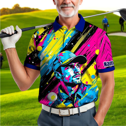 HomyGifts Men's Customized Face Artistic Golf Polo Shirt, Personalized Pop Art Golf Polo, Portrait Gift for Golfers Style 3