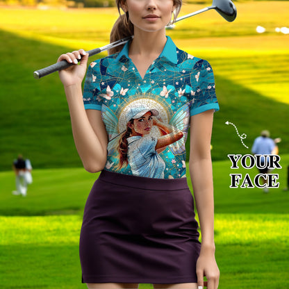 Custom Face Women’s Golf Polo Shirt – Spring Butterfly Mirage Art | Personalized Floral Fantasy Sports Shirt for Golfers Style 10