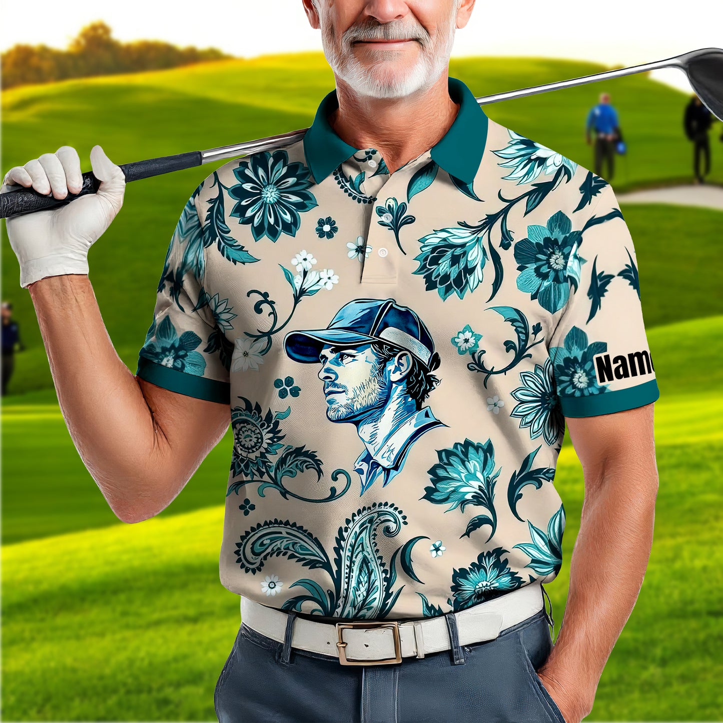 Custom Retro Pattern Art Polo Shirt – Personalized Face & Name | Vintage Floral Pattern Collared Shirt for Men Style 1
