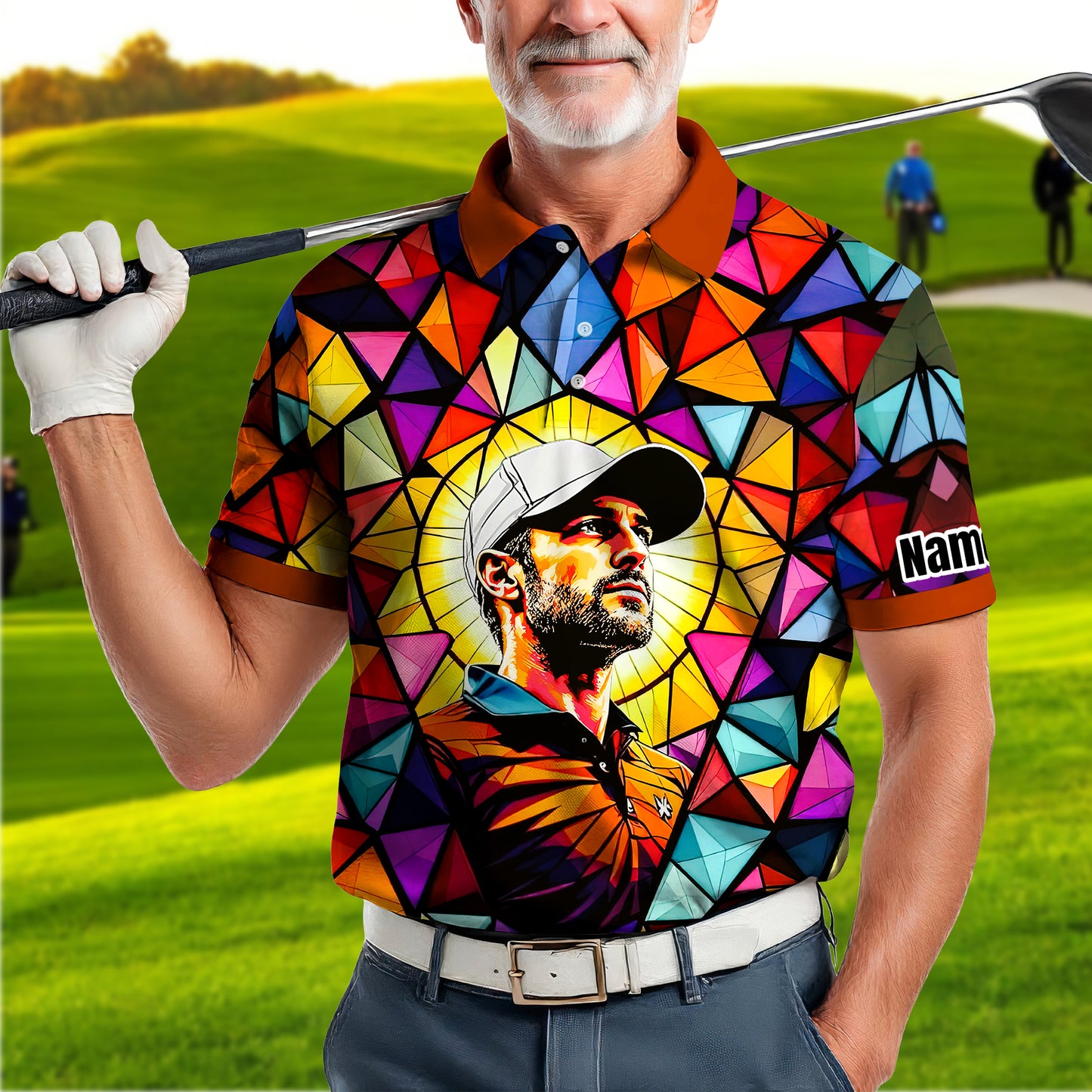 HomyGifts Men's Customized Face Artistic Golf Polo Shirt, Angular Geometric Glass Pattern, Stained-Glass Mosaic Print, Personalized Sublimation Golf Shirt, Vibrant Geometric Portrait Tee