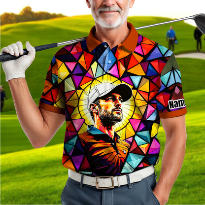 HomyGifts Men's Customized Face Artistic Golf Polo Shirt, Angular Geometric Glass Pattern, Stained-Glass Mosaic Print, Personalized Sublimation Golf Shirt, Vibrant Geometric Portrait Tee