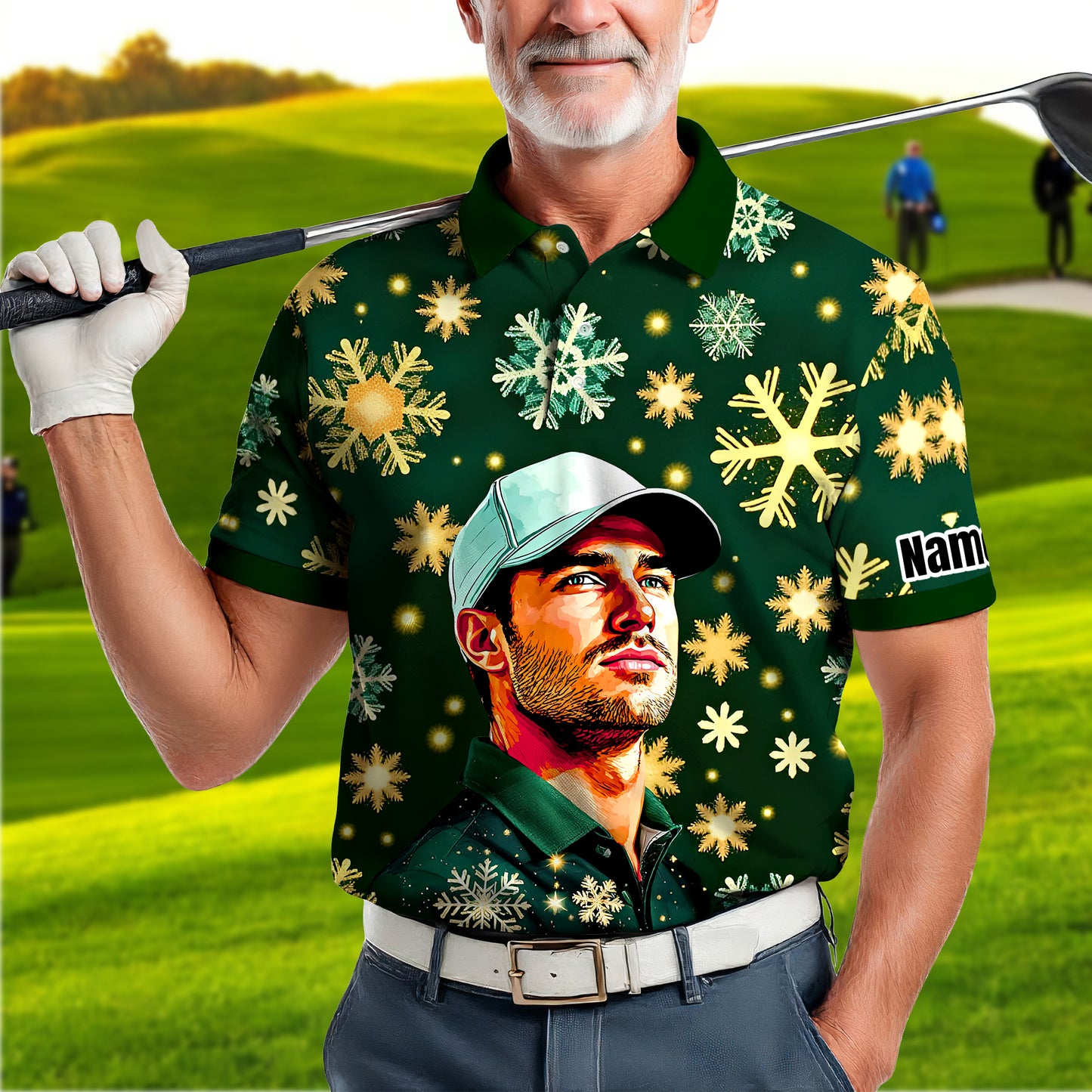 Custom Face Golf Polo Shirt – Personalized Christmas Golf Shirt for Him, Unique Holiday Gift for Golfer, Snowflake Design Golf Apparel Style 19