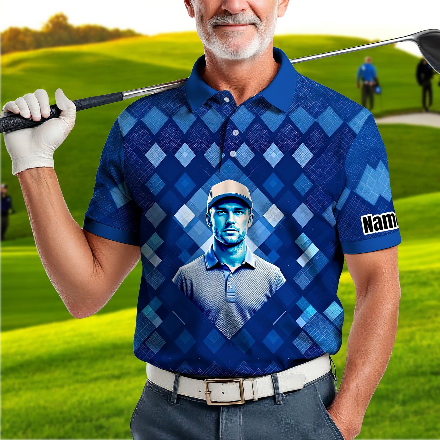 Custom Face Polo Shirt – Geometric Diamond Pattern | Personalized Photo Golf Polo | Unique Gift for Him, Retro Geometric Style Shirt Style 2