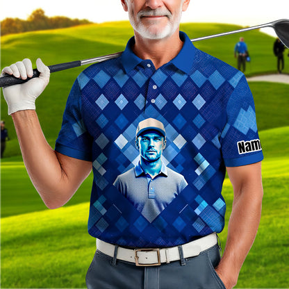 Custom Face Polo Shirt – Geometric Diamond Pattern | Personalized Photo Golf Polo | Unique Gift for Him, Retro Geometric Style Shirt Style 2