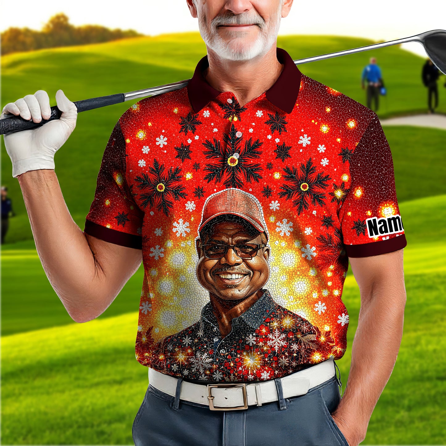 Custom Face Golf Polo Shirt – Personalized Christmas Golf Shirt for Him, Unique Holiday Gift for Golfer, Snowflake Mosaic Art Design Golf Apparel Style 13.1
