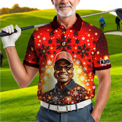 Custom Face Golf Polo Shirt – Personalized Christmas Golf Shirt for Him, Unique Holiday Gift for Golfer, Snowflake Mosaic Art Design Golf Apparel Style 13.1