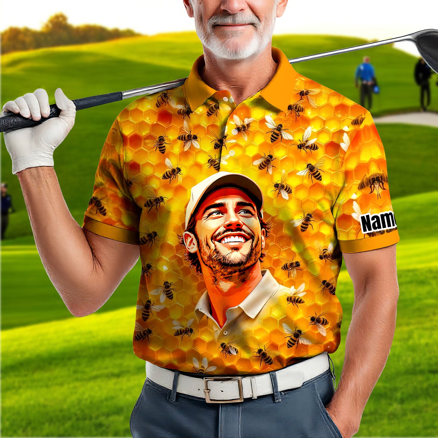 HomyGifts Men's Customized Face Artistic Golf Polo Shirt, Personalized Bee & Honeycomb Polo Shirt with Face, Funny Honey Lover Outfit, Summer Polo for Men Style 3