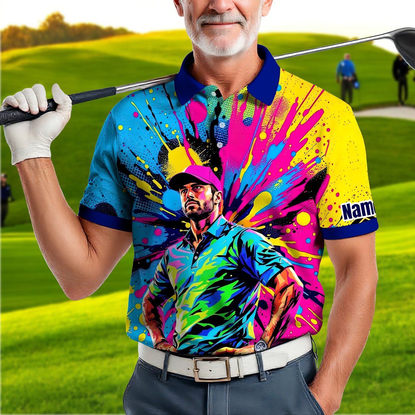 HomyGifts Men's Customized Face Artistic Golf Polo Shirt, Personalized Pop Art Golf Polo, Portrait Gift for Golfers Style 12