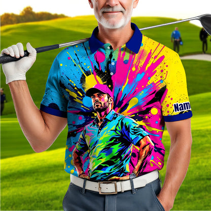 HomyGifts Men's Customized Face Artistic Golf Polo Shirt, Personalized Pop Art Golf Polo, Portrait Gift for Golfers Style 12
