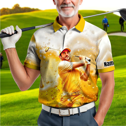 HomyGifts Men's Customized Face Artistic Golf Polo Shirt, Beer pattern Design, Special Gift for Beer & Golf Lovers, Summer Party Outfit, Unique Gift for Men Style 14