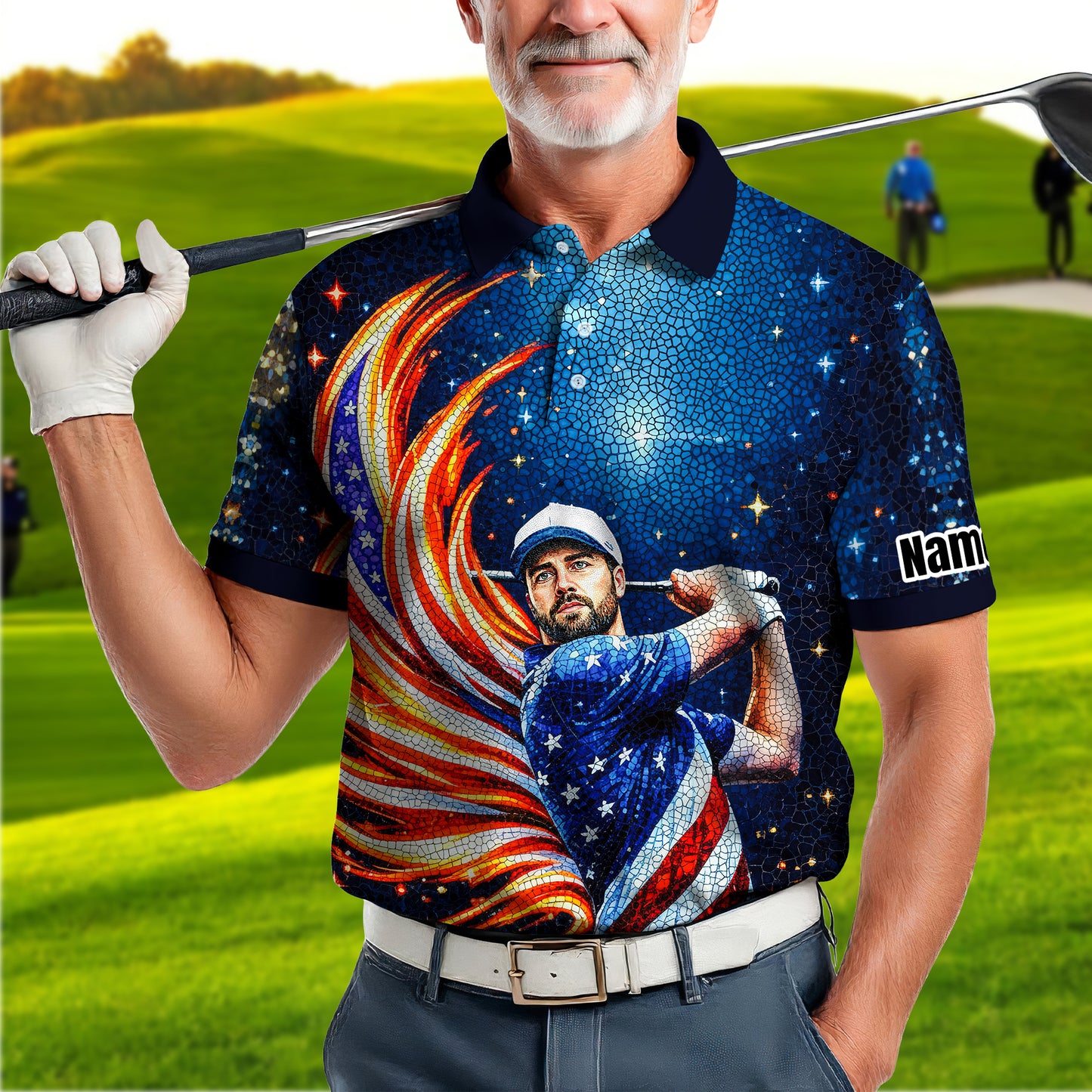 Custom Face Patriotic Golf Polo Shirt – Personalized USA Flag Design – American Pride Gift for Him – Mosaic Art Golf Shirt Style 7