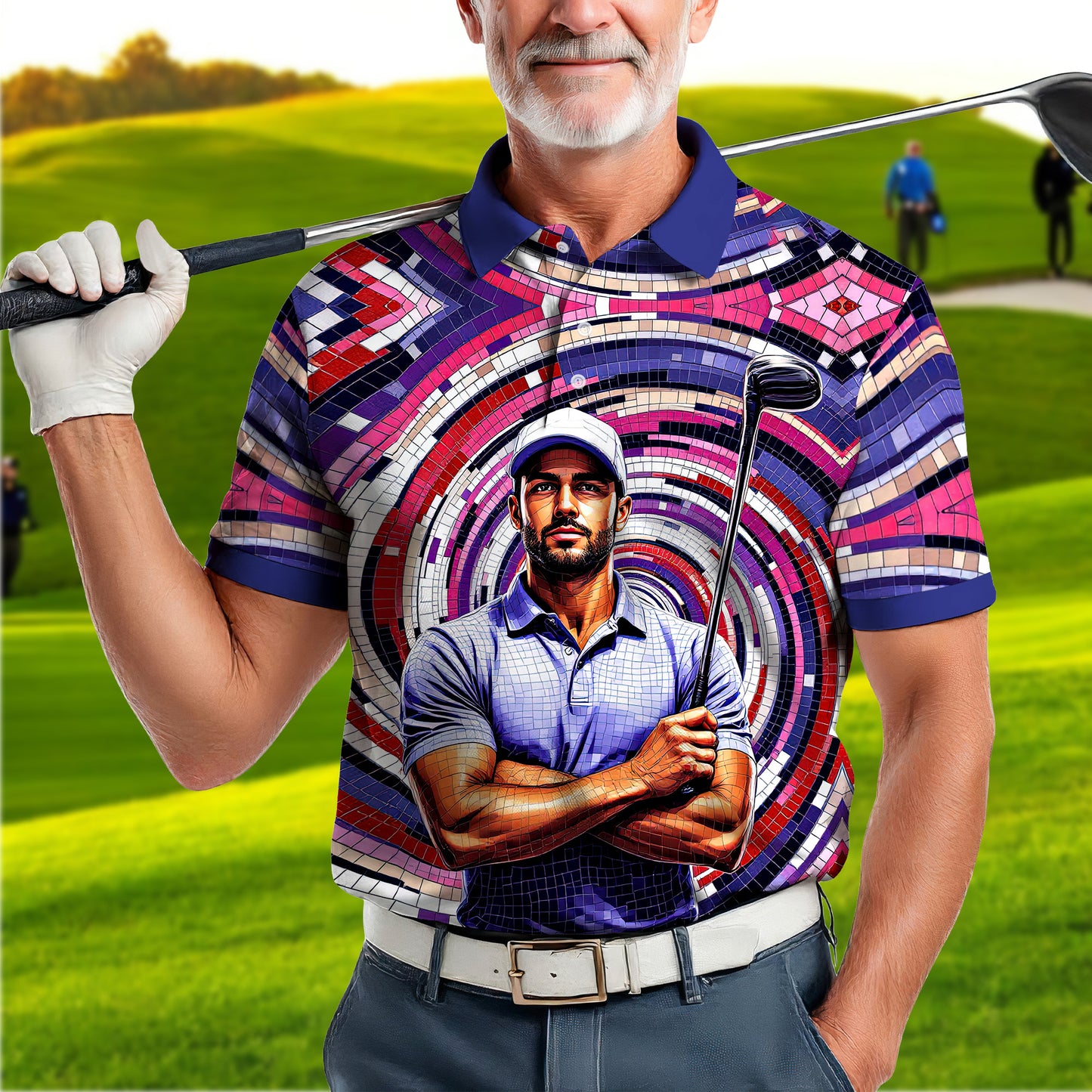 Men's Custom Face Artistic Golf Polo Shirt, Mosaic Art Style, Unique Personalized Golf Polo For Men Style 8
