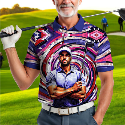 Men's Custom Face Artistic Golf Polo Shirt, Mosaic Art Style, Unique Personalized Golf Polo For Men Style 8