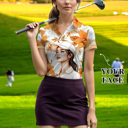 Women’s Custom Face Hibiscus Polo Shirt – Personalized Tropical Floral Polo, Unique Gift for Her, Stylish Custom Golf & Casual Wear Style 10