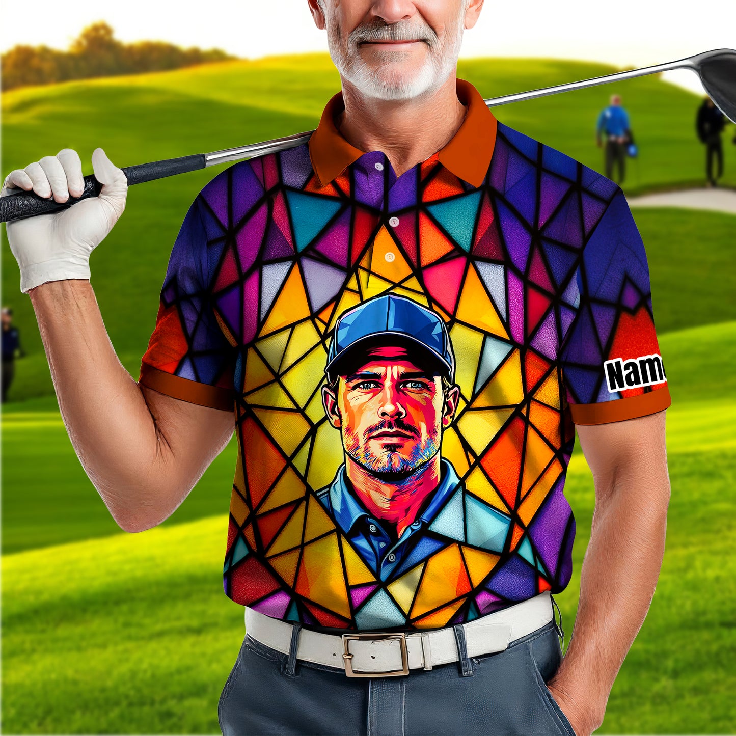 HomyGifts Men's Customized Face Artistic Golf Polo Shirt, Angular Geometric Glass Pattern, Stained-Glass Mosaic Print, Personalized Sublimation Golf Shirt, Vibrant Geometric Portrait Tee