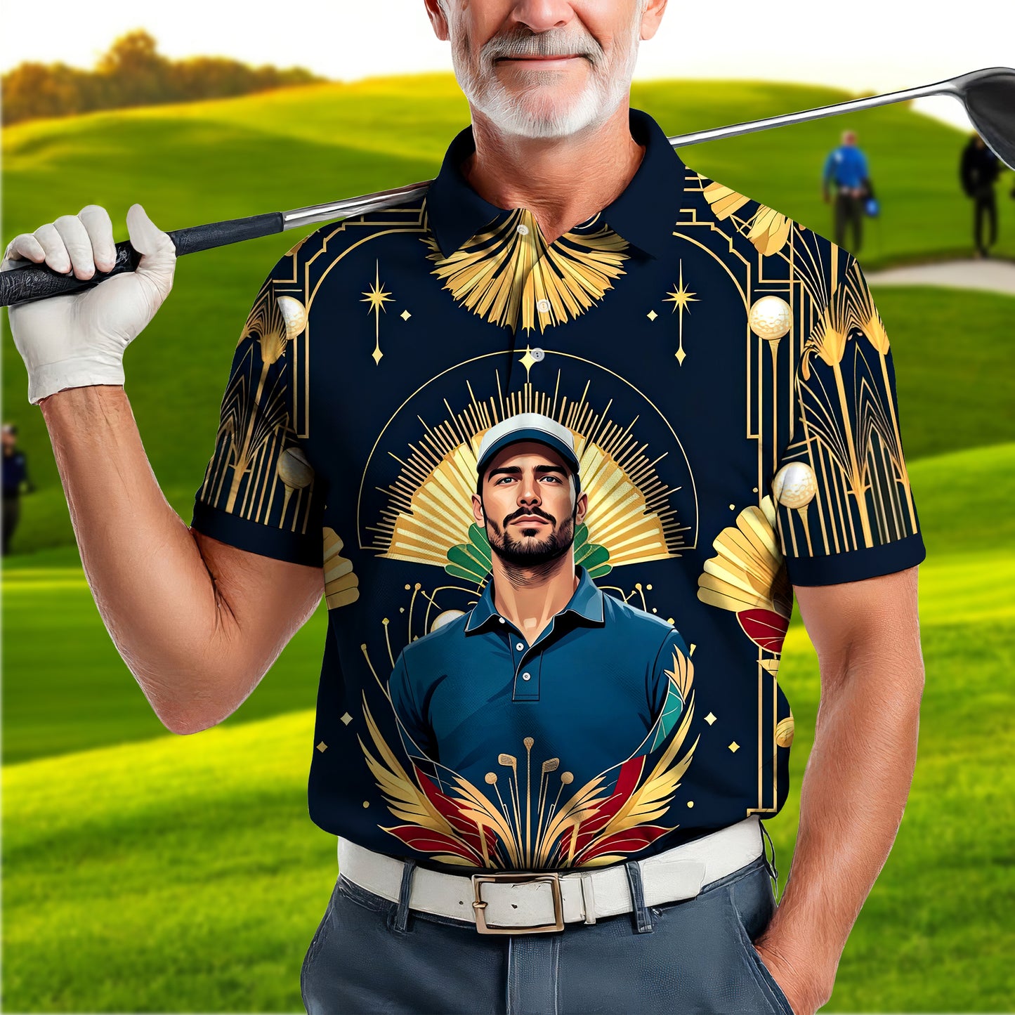 Custom Face Golf Polo Shirt – Swing in Gold Art Deco Revival Style | Personalized Golf Shirt for Men Style 1