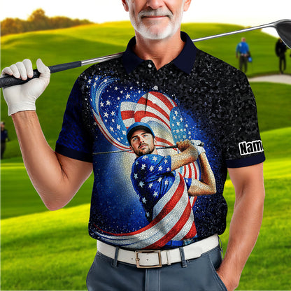 Custom Face Patriotic Golf Polo Shirt – Personalized USA Flag Design – American Pride Gift for Him – Mosaic Art Golf Shirt Style 12