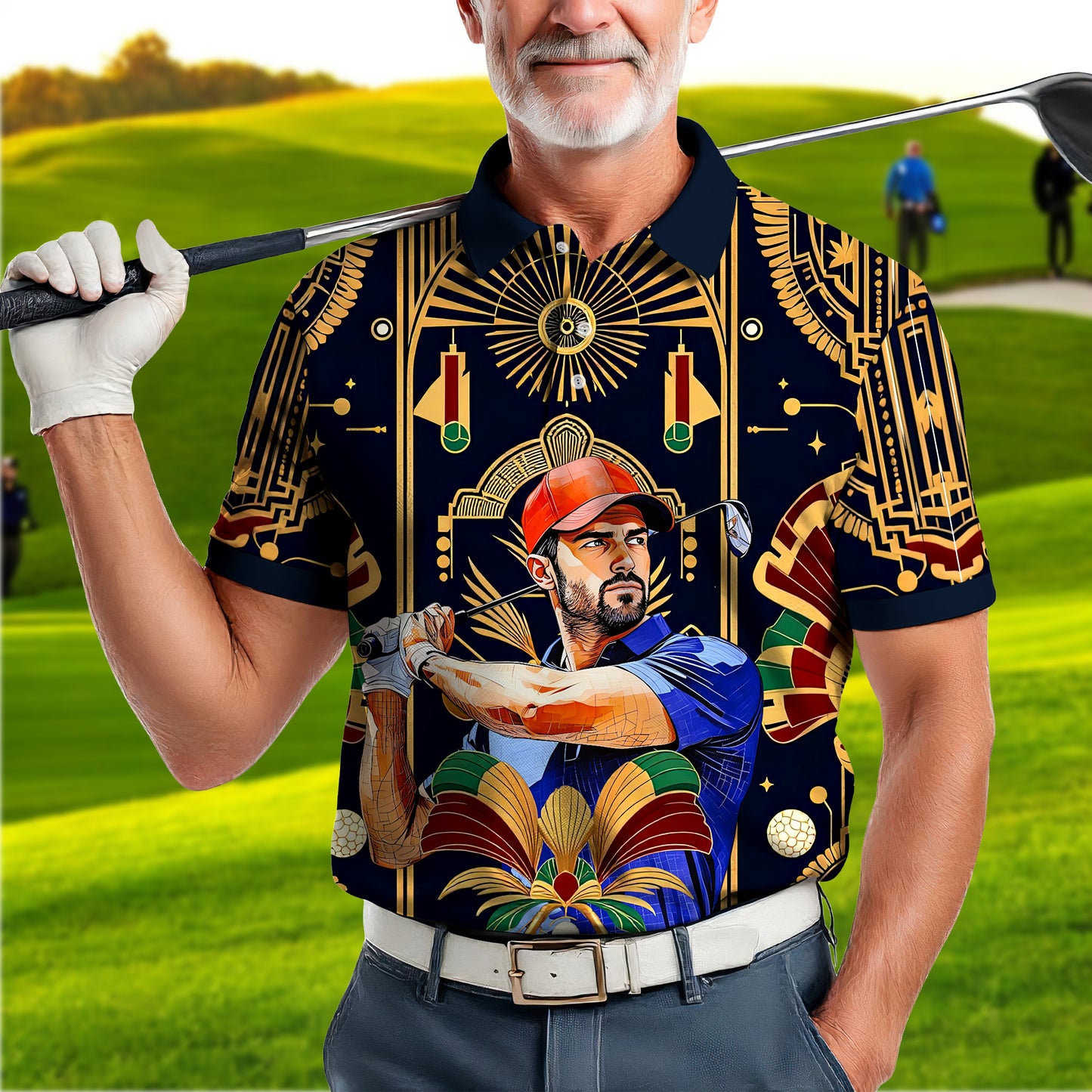 Custom Face Golf Polo Shirt – Swing in Gold Art Deco Revival Style | Personalized Golf Shirt for Men Style 10