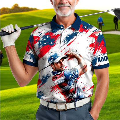 HomyGifts Men's Customized Face Artistic Golf Polo Shirt, Personalized American Flag Design, Unique Gift for Patriotic Golfers Style 27