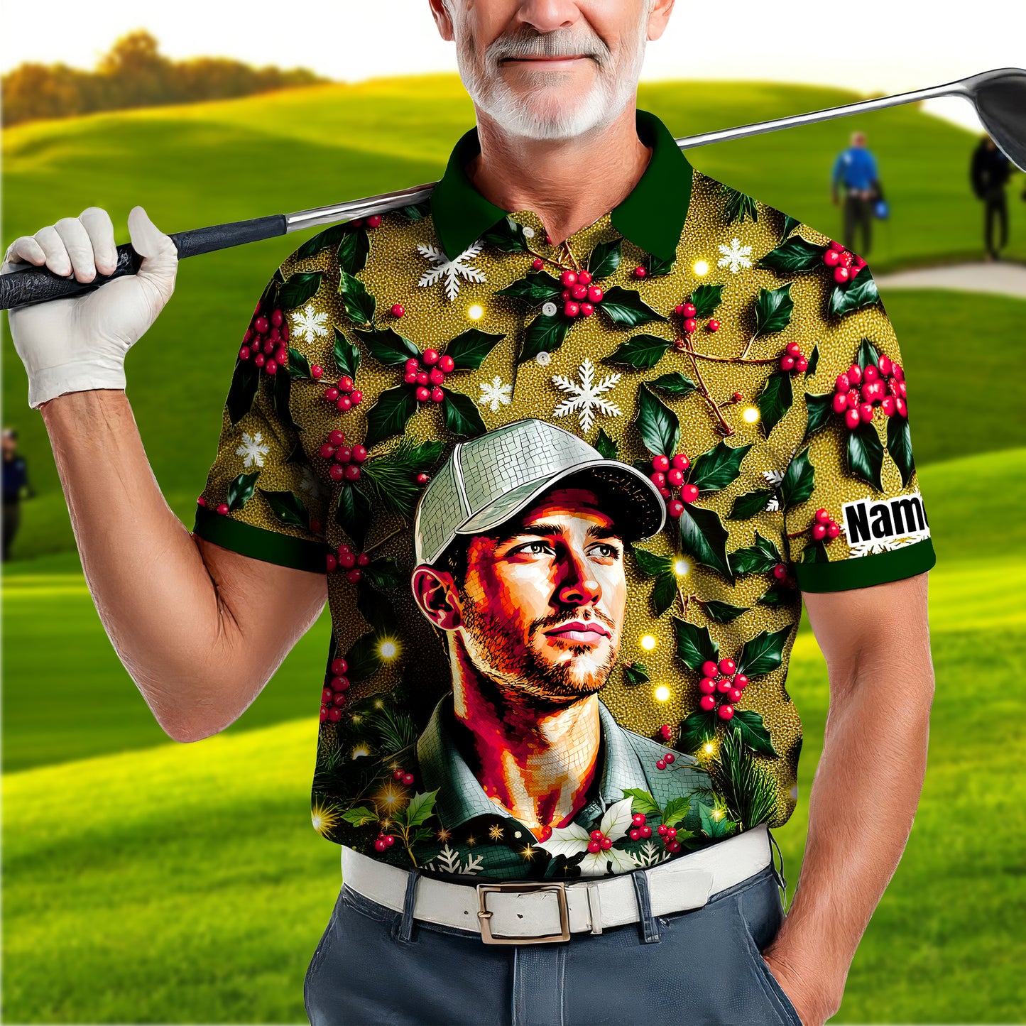 Custom Face Golf Polo Shirt – Personalized Christmas Golf Shirt for Him, Unique Holiday Gift for Golfer, Snowflake Design Golf Apparel Style 17