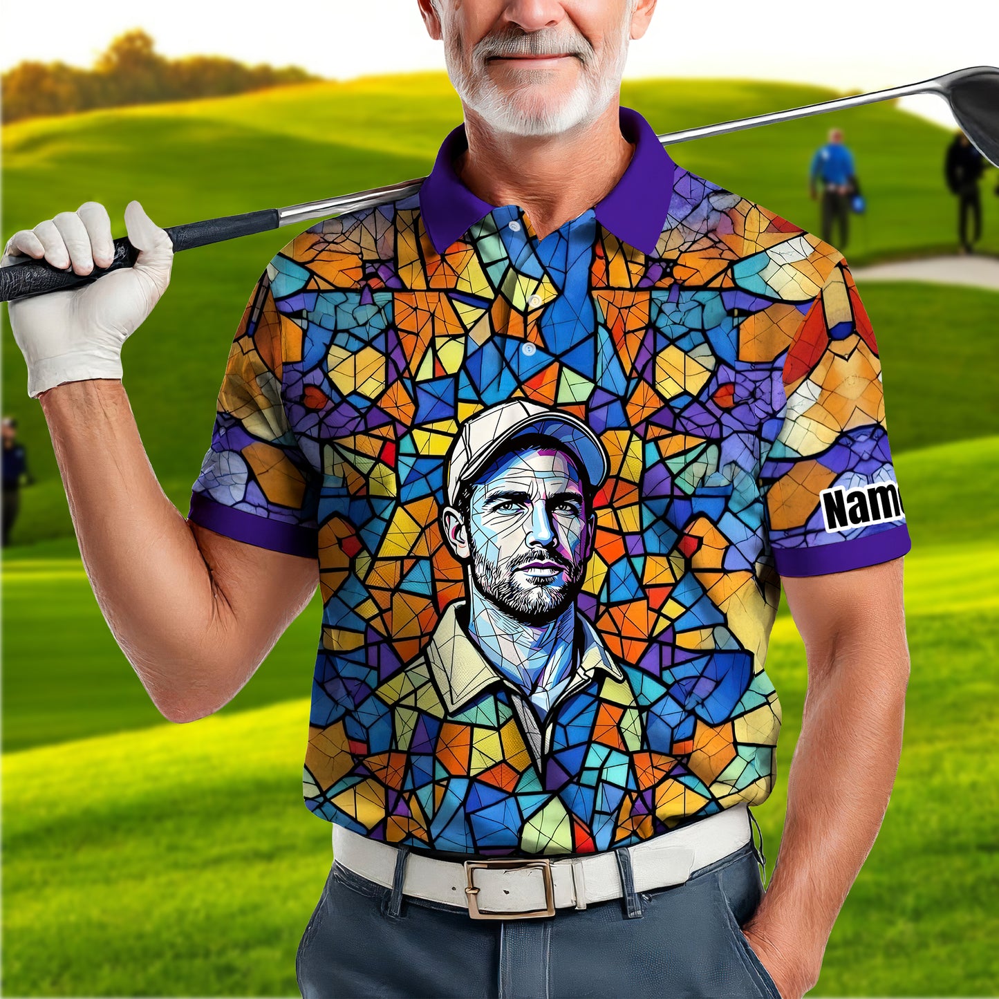 Custom Face Golf Polo Shirt – Personalized Stained Glass Art Shirt, Unique Golf Gift for Him, Colorful Abstract Golf Polo, Custom Sportswear