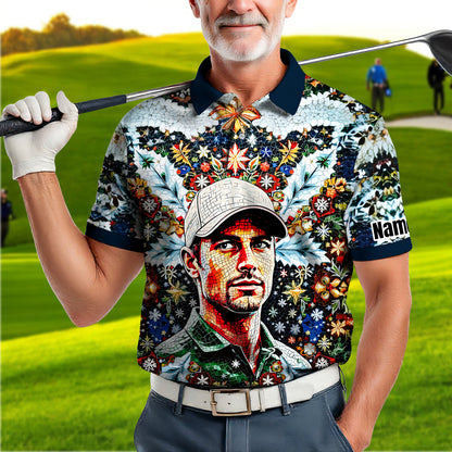 Personalized Christmas Golf Polo Shirt with Your Face – Custom Photo Holiday Shirt – Unique Mosaic Art Xmas Gift for Men, Custom Golf Apparel Style 7