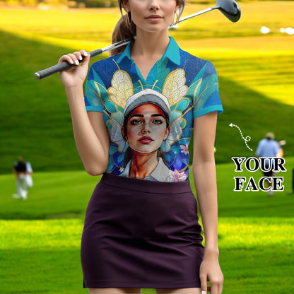 Custom Face Women’s Golf Polo Shirt – Spring Butterfly Mirage Art | Personalized Floral Fantasy Sports Shirt for Golfers Style 2