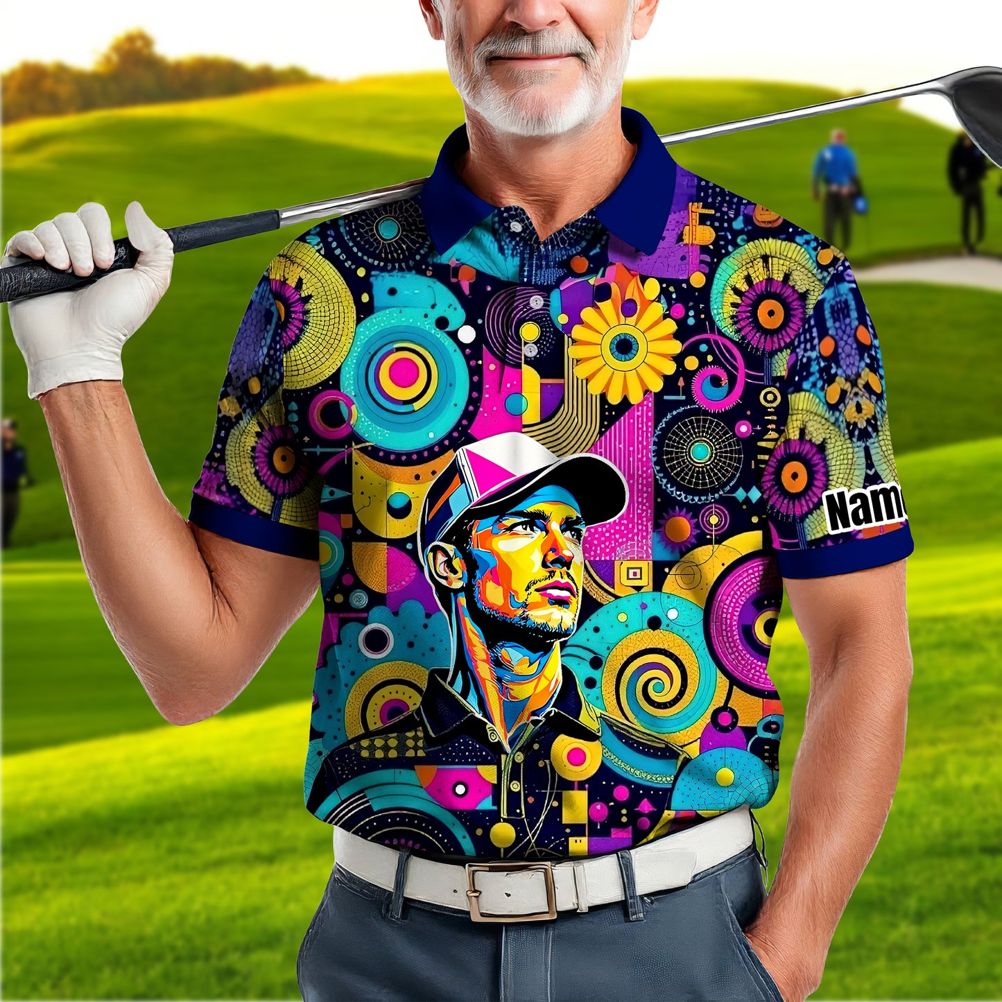 HomyGifts Custom Face Polo Shirt – Personalized Abstract Geometric Art Photo Shirt, Unique Gift for Him & Her
