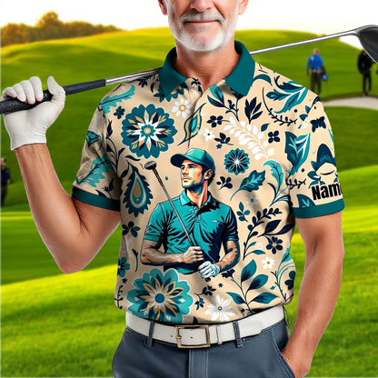 Custom Retro Pattern Art Polo Shirt – Personalized Face & Name | Vintage Floral Pattern Collared Shirt for Men Style 3
