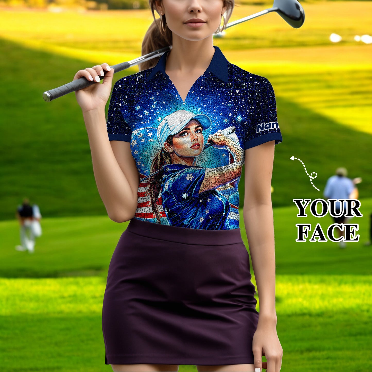 Women’s Custom Face Golf Polo – American Flag Mosaic Art – Personalized USA Patriotic Golf Shirt – Unique 4th of July Gift Style 3