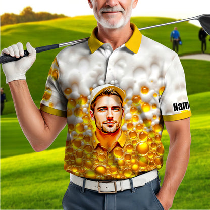 HomyGifts Men's Customized Face Artistic Golf Polo Shirt, Beer pattern Design, Special Gift for Beer & Golf Lovers, Summer Party Outfit, Unique Gift for Men Style 2