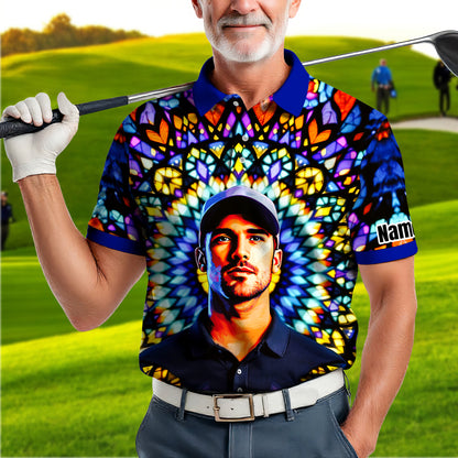 Custom Face Golf Polo Shirt – Personalized Stained Glass Mandala Style Polo, Unique Gift for Men & Women, Vibrant Artistic Golf Shirt, Custom Photo Polo
