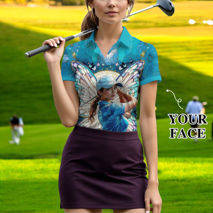 Custom Face Women’s Golf Polo Shirt – Spring Butterfly Mirage Art | Personalized Floral Fantasy Sports Shirt for Golfers Style 8