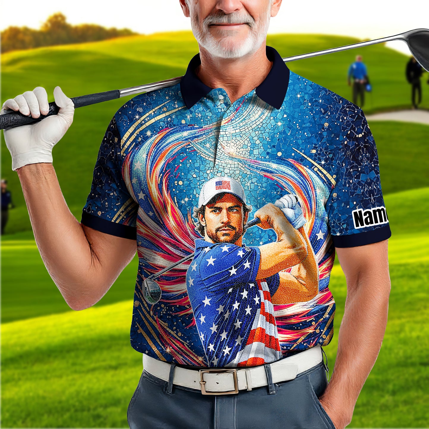 Custom Face Patriotic Golf Polo Shirt – Personalized USA Flag Design – American Pride Gift for Him – Mosaic Art Golf Shirt Style 8
