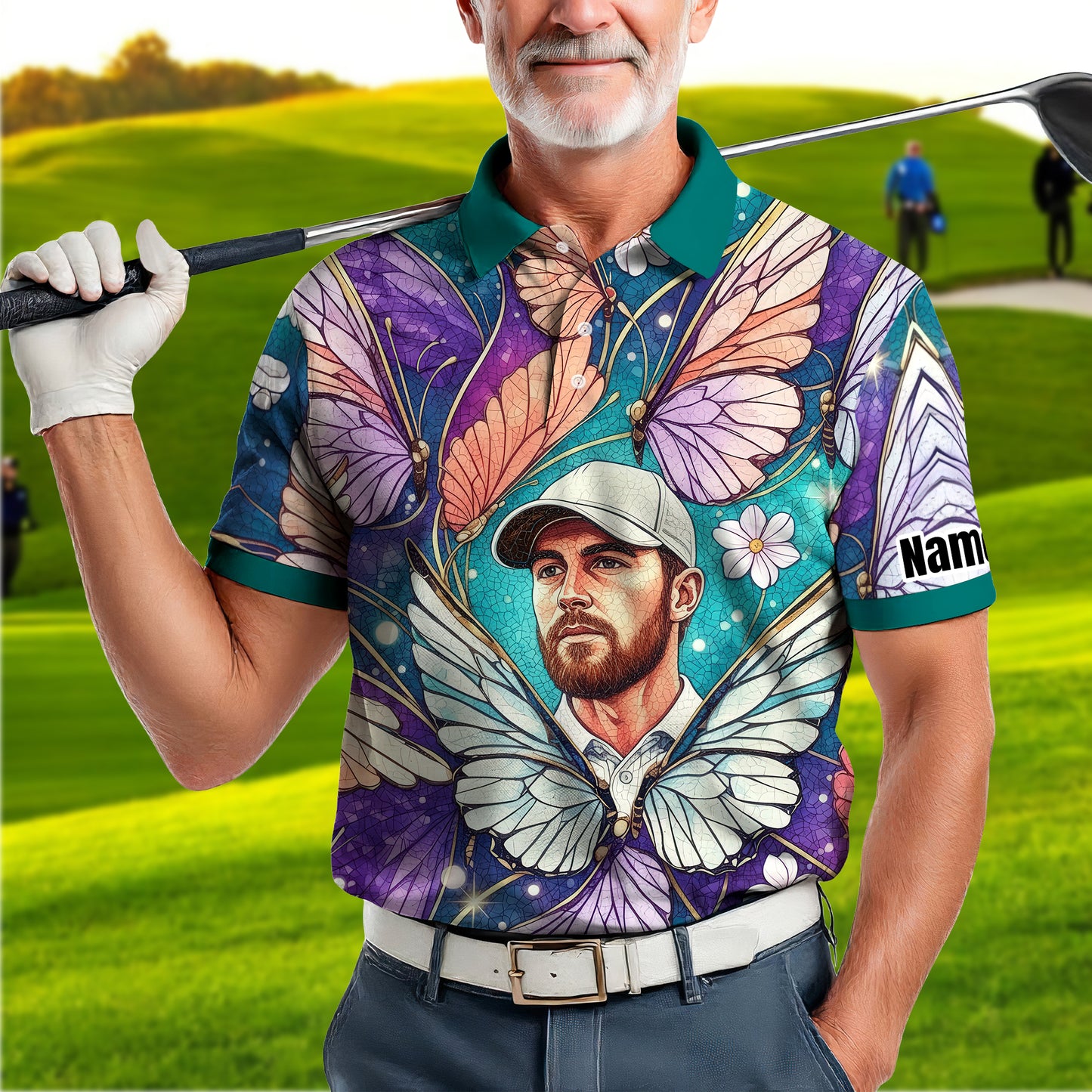 Custom Face Butterfly Golf Polo Shirt – Personalized Spring Mirage Art Style – Unique Gift for Him, Nature Inspired Men's Shirt Style 3