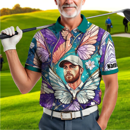 Custom Face Butterfly Golf Polo Shirt – Personalized Spring Mirage Art Style – Unique Gift for Him, Nature Inspired Men's Shirt Style 3