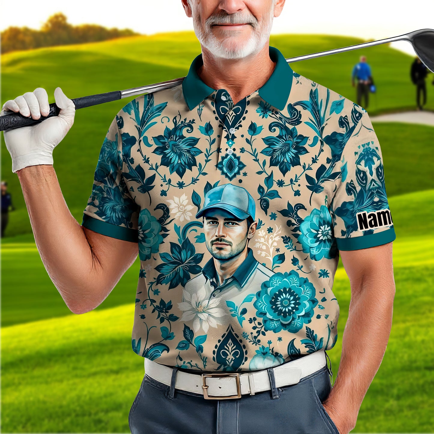 Custom Retro Pattern Art Polo Shirt – Personalized Face & Name | Vintage Floral Pattern Collared Shirt for Men Style 5