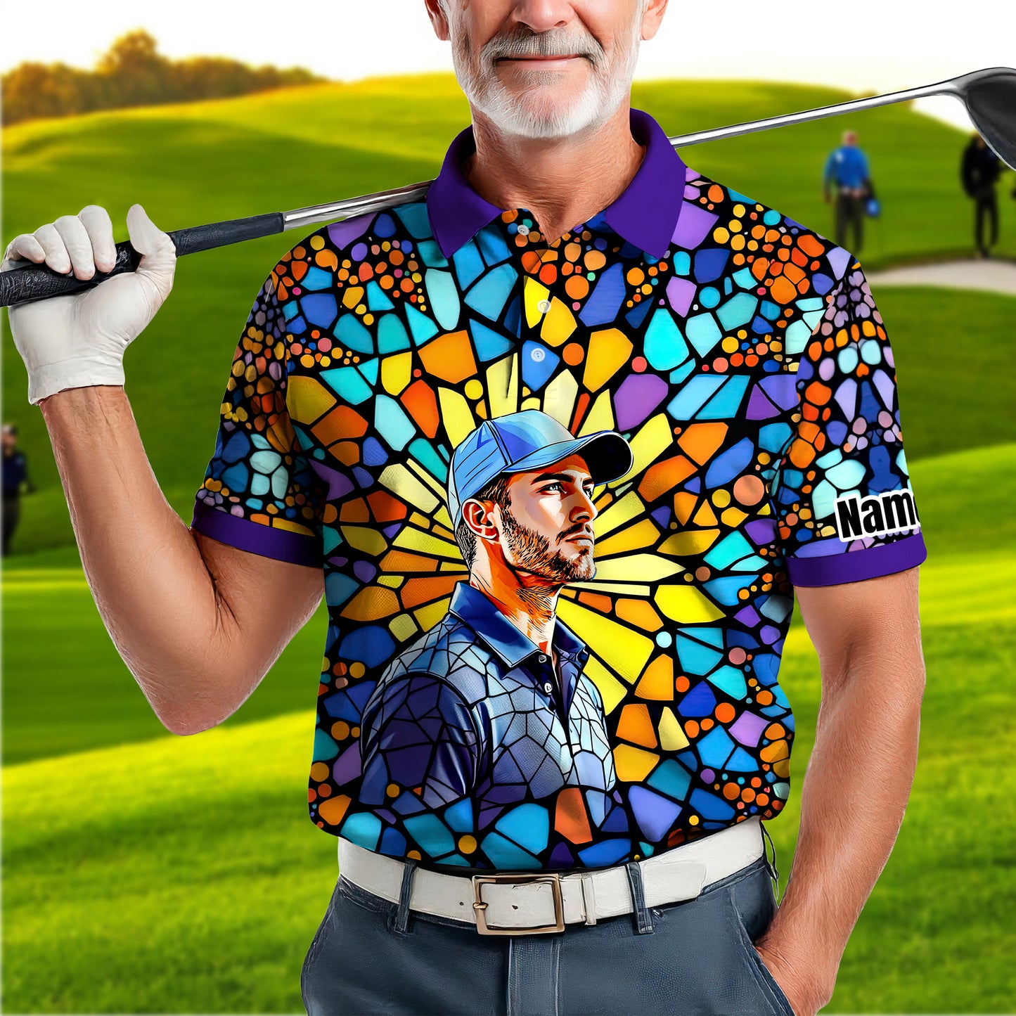 Custom Face Golf Polo Shirt – Personalized Stained Glass Art Shirt, Unique Golf Gift for Him, Colorful Abstract Golf Polo, Custom Sportswear