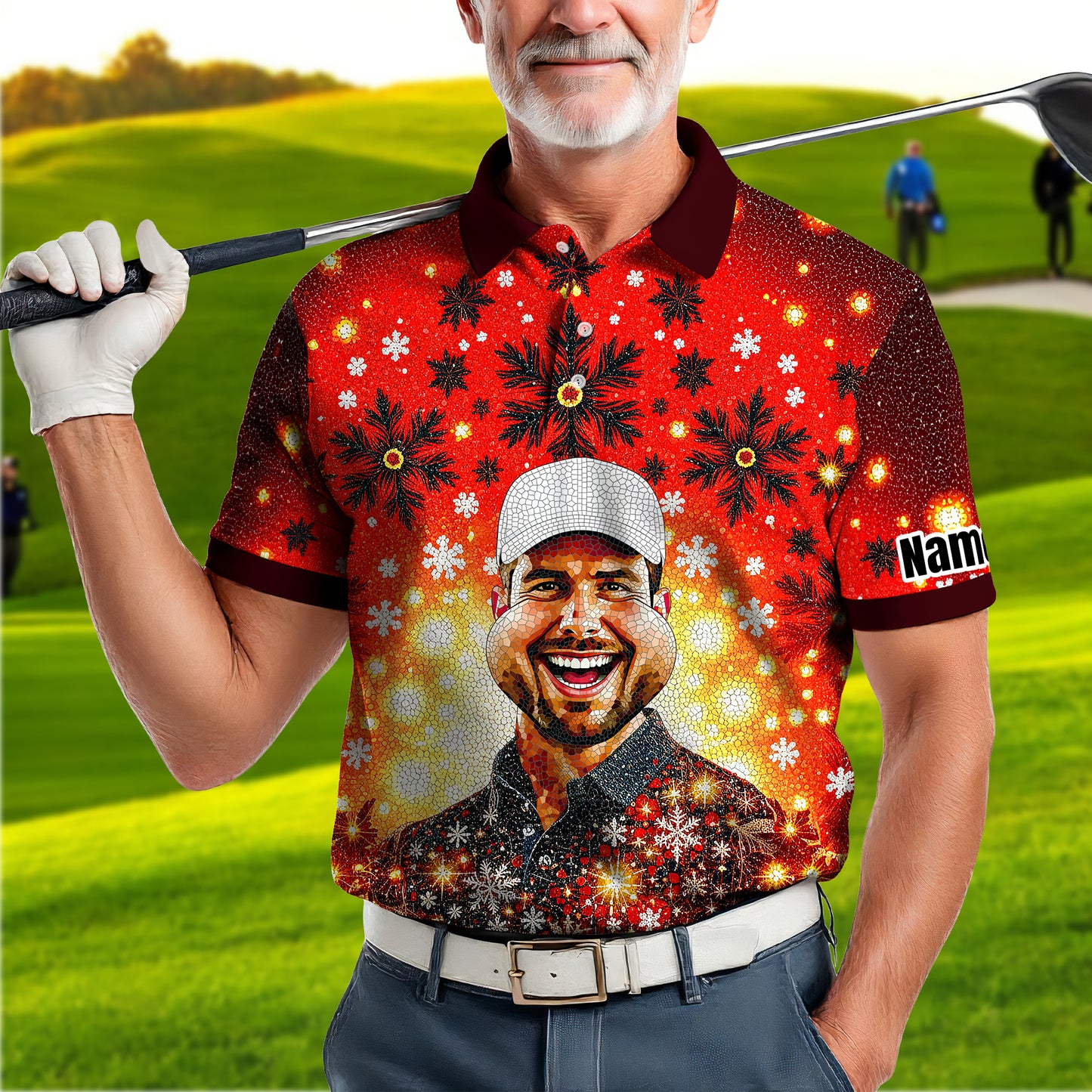 Custom Face Golf Polo Shirt – Personalized Christmas Golf Shirt for Him, Unique Holiday Gift for Golfer, Snowflake Mosaic Art Design Golf Apparel Style 13.3