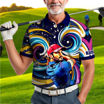 HomyGifts Men's Customized Face Artistic Golf Polo Shirt, Mosaic Art Style, Unique Personalized Golf Polo For Men Style 18