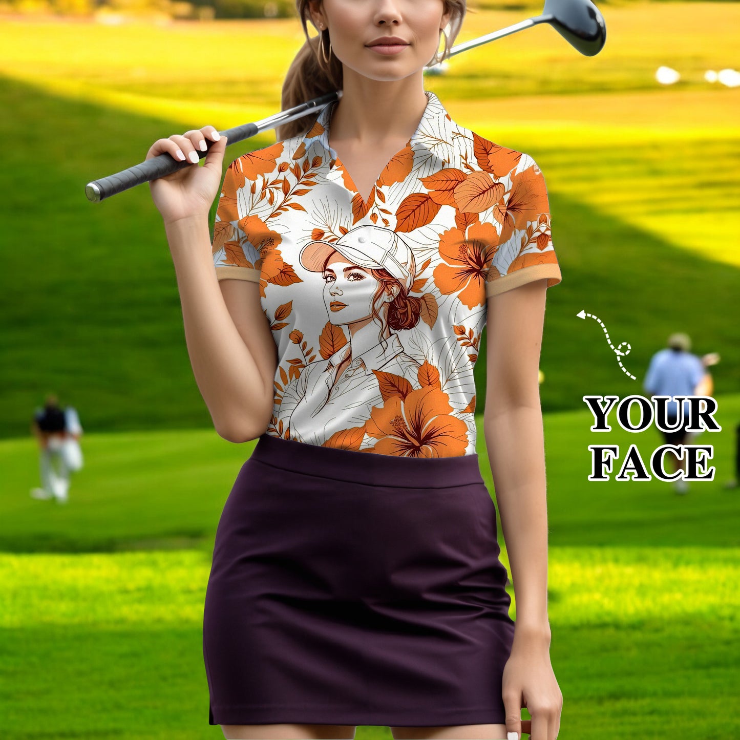 Women’s Custom Face Hibiscus Polo Shirt – Personalized Tropical Floral Polo, Unique Gift for Her, Stylish Custom Golf & Casual Wear Style 12