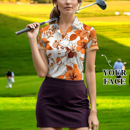 Women’s Custom Face Hibiscus Polo Shirt – Personalized Tropical Floral Polo, Unique Gift for Her, Stylish Custom Golf & Casual Wear Style 12