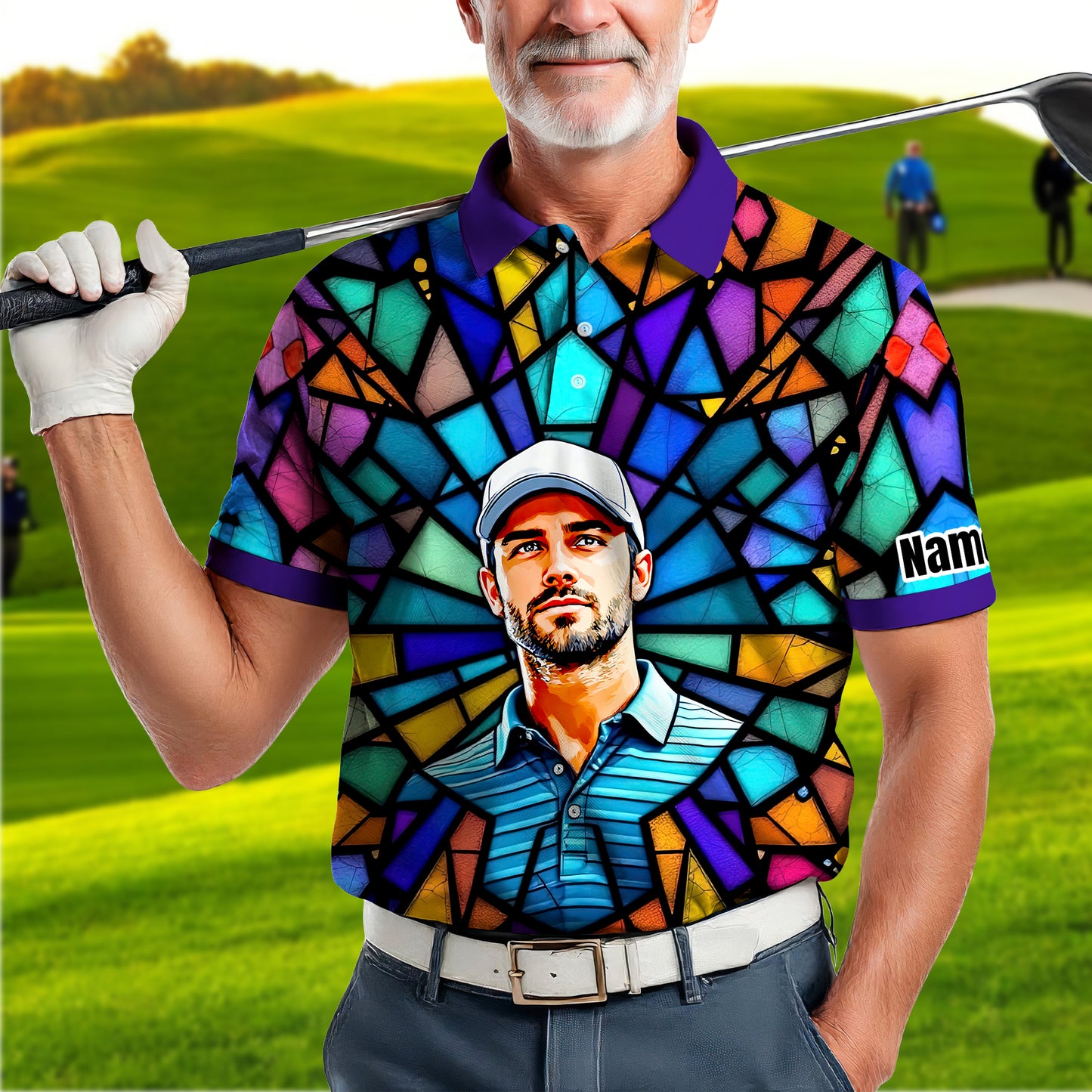 Custom Face Golf Polo Shirt – Personalized Stained Glass Art Shirt, Unique Golf Gift for Him, Colorful Abstract Golf Polo, Custom Sportswear