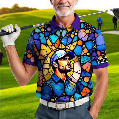 Custom Face Golf Polo Shirt – Personalized Stained Glass Art Shirt, Unique Golf Gift for Him, Colorful Abstract Golf Polo, Custom Sportswear